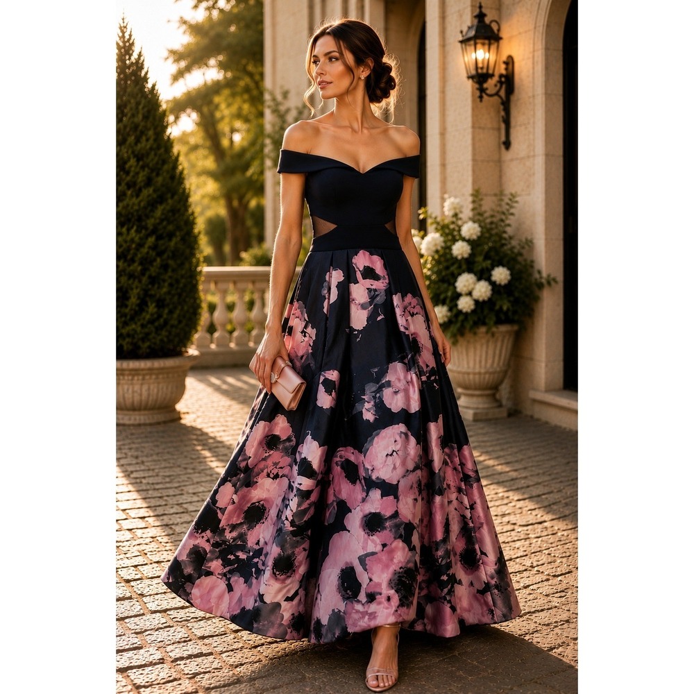 Xscape Black Off-Shoulder Maxi Dress with Pink Floral Skirt